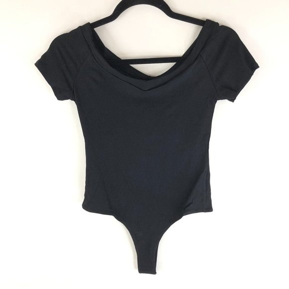 Lulus Sandpiper Black Ribbed Off-the-Shoulder Bodysuit Short Sleeve Stretch S - Picture 1 of 5